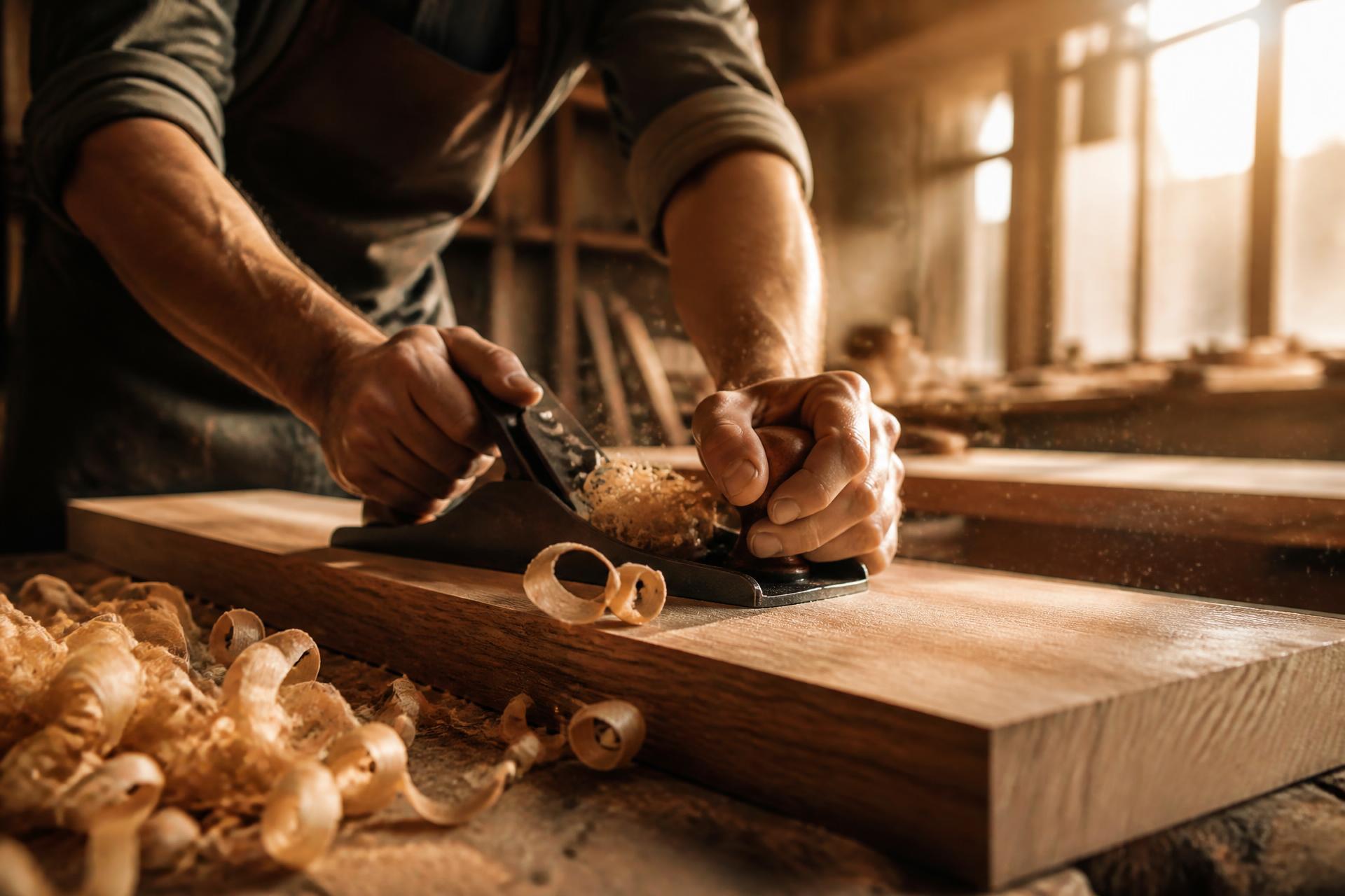 Master carpenter shaping a hardwood plank